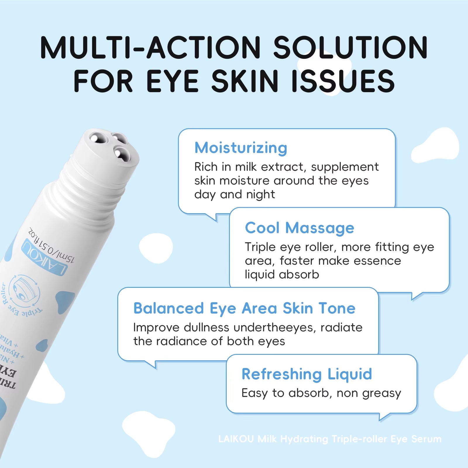 Milk Triple Roller Eye Serum Hydrating Eye Treatment Cooling Massage Rollerball Glowing Eye Care Easy Absorption 15Ml