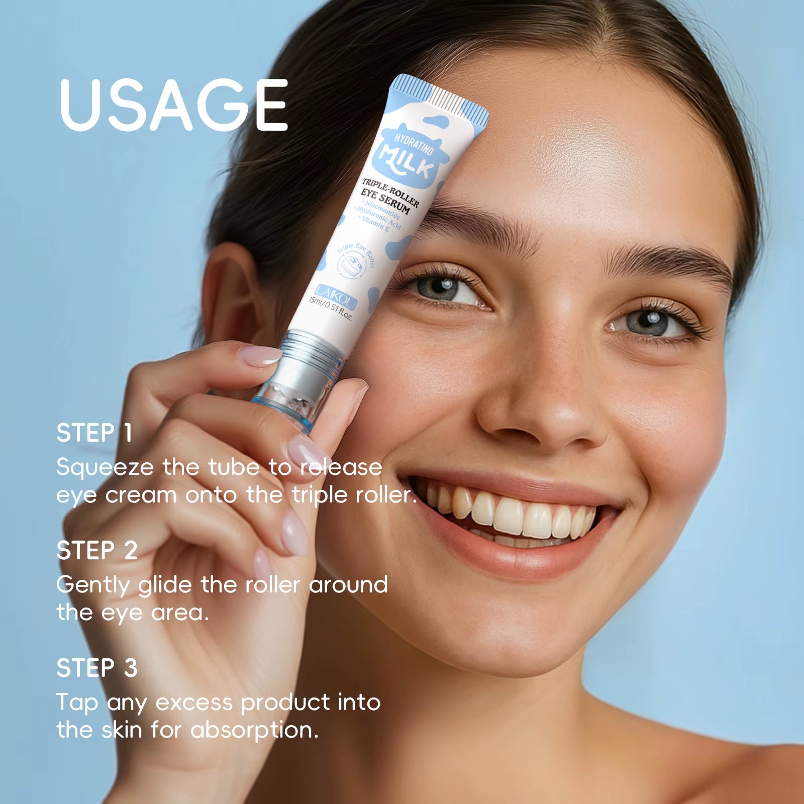 Milk Triple Roller Eye Serum Hydrating Eye Treatment Cooling Massage Rollerball Glowing Eye Care Easy Absorption 15Ml