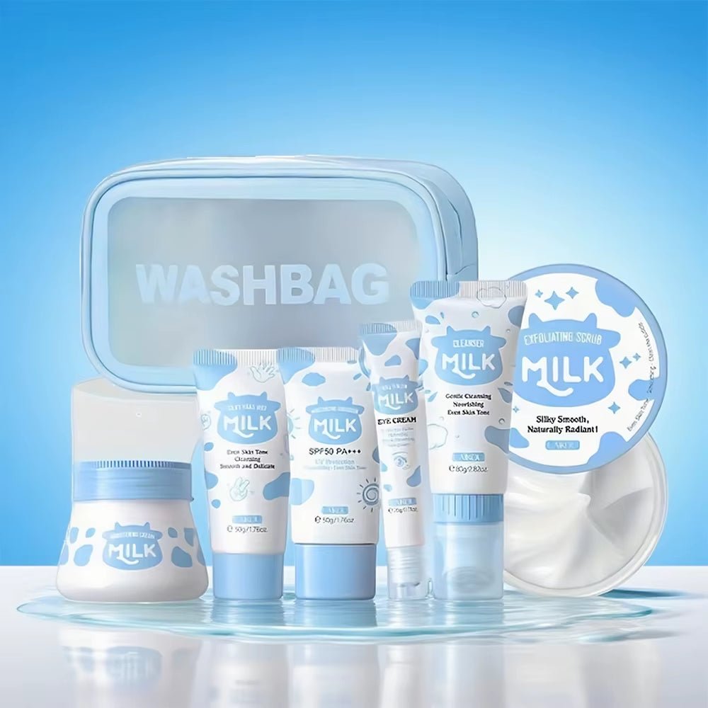 Milk Glow Deluxe Set - Milk GlowMilk GlowMilk GlowIndulge in Luxury: 7PCS Milk Skin Care Set for Ultimate Hydration and Radiance - Cleanser, Scrub, Cream, Sunscreen & More!